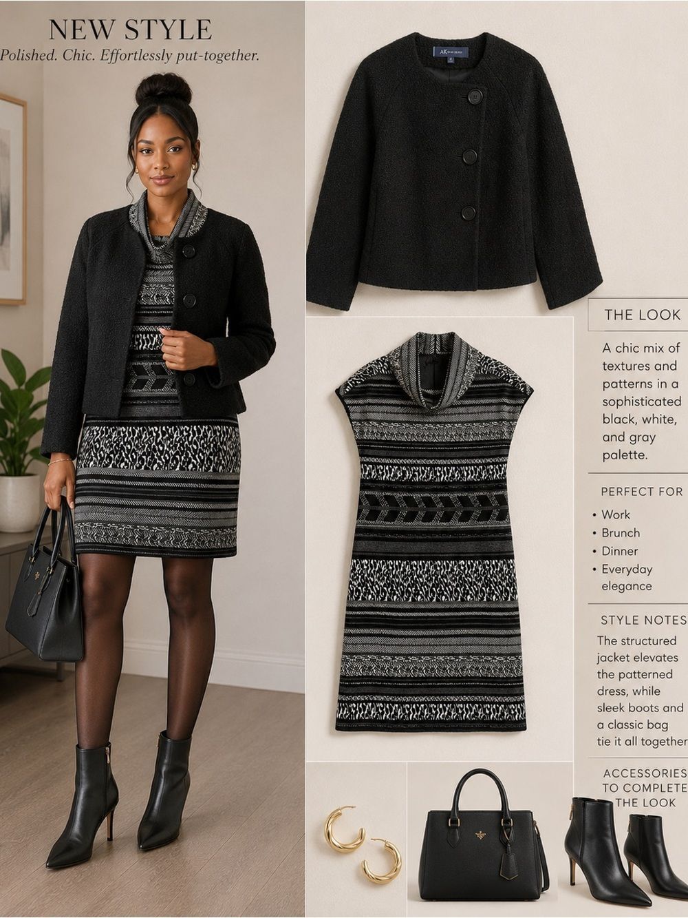 Sleeveless Black & White Patterned Cowl-Neck Midi Dress